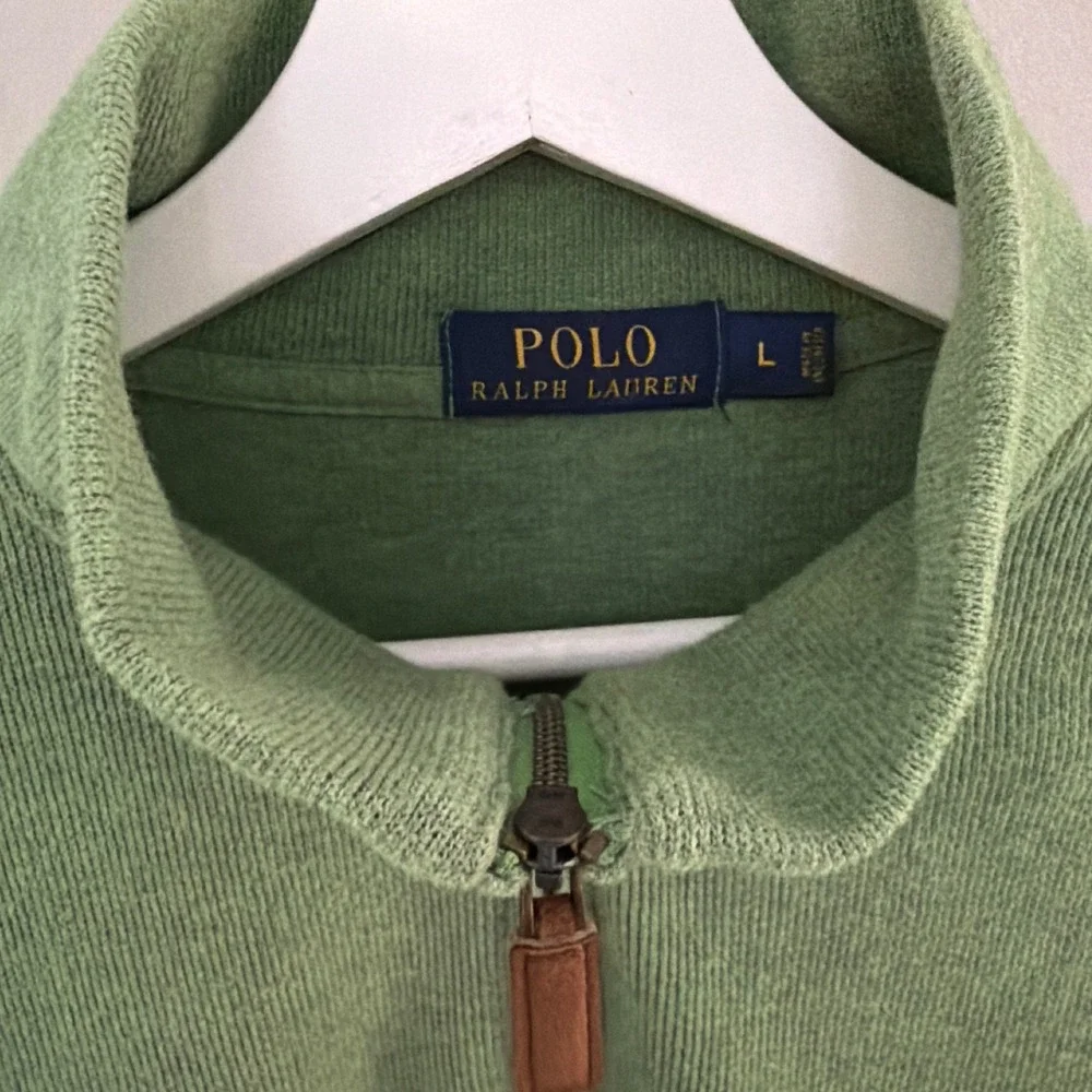 Polo Ralph Lauren Mens Large Sage Green 100% Cotton Quarter Zip Ribbed Sweater